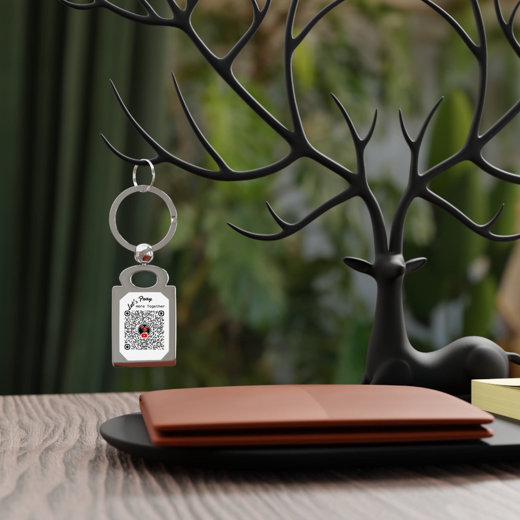 Let’s Pray Here Together Keyring — Engraved Rectangle Metal Keychain with Scan-to-View Photo
