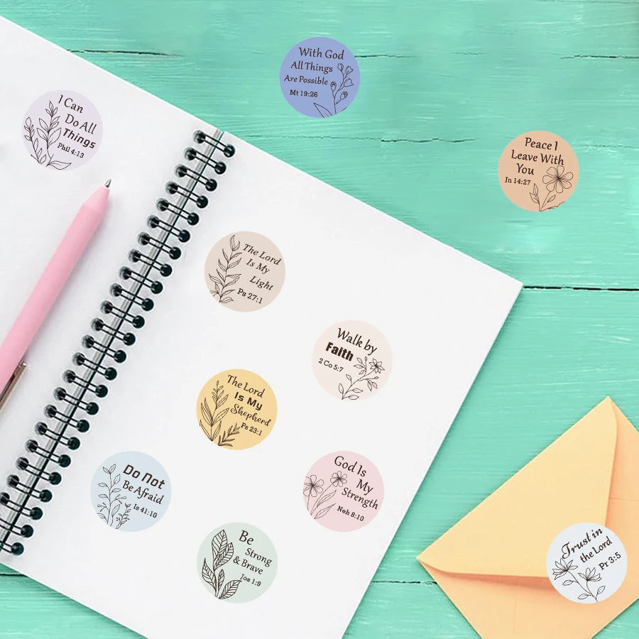 500 Pcs Bible Verse Stickers Roll - Pastel Round Scripture Labels with Inspirational Verses and Botanical Line Art