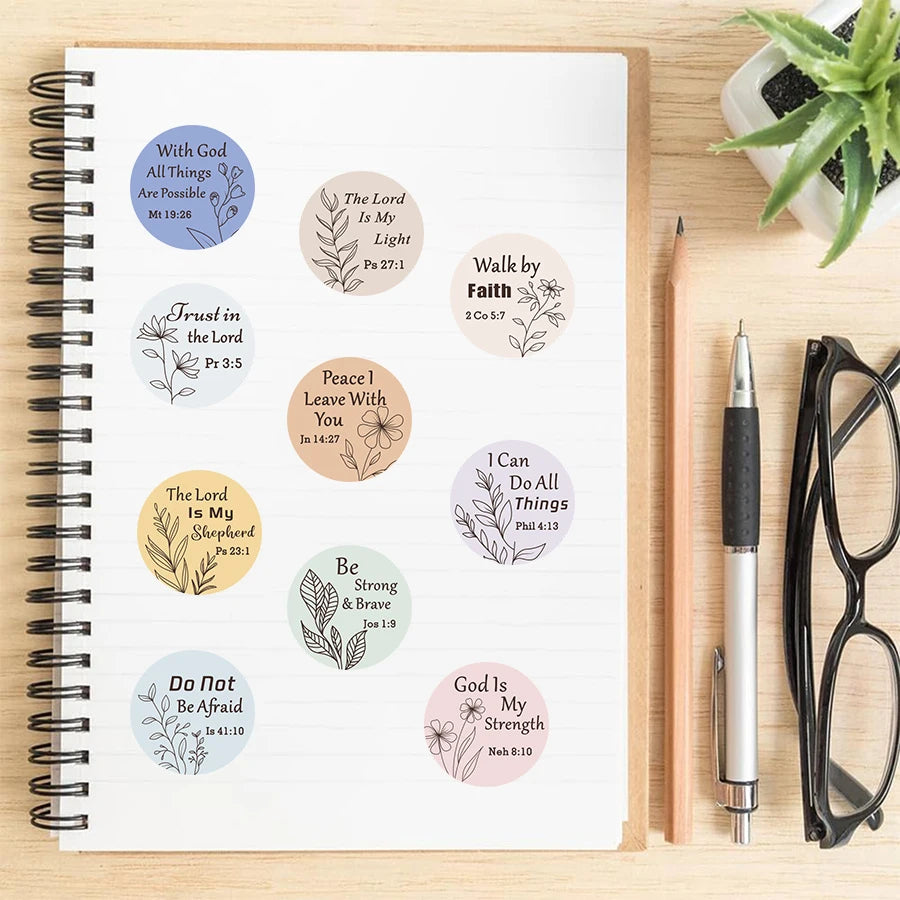 500 Pcs Bible Verse Stickers Roll - Pastel Round Scripture Labels with Inspirational Verses and Botanical Line Art