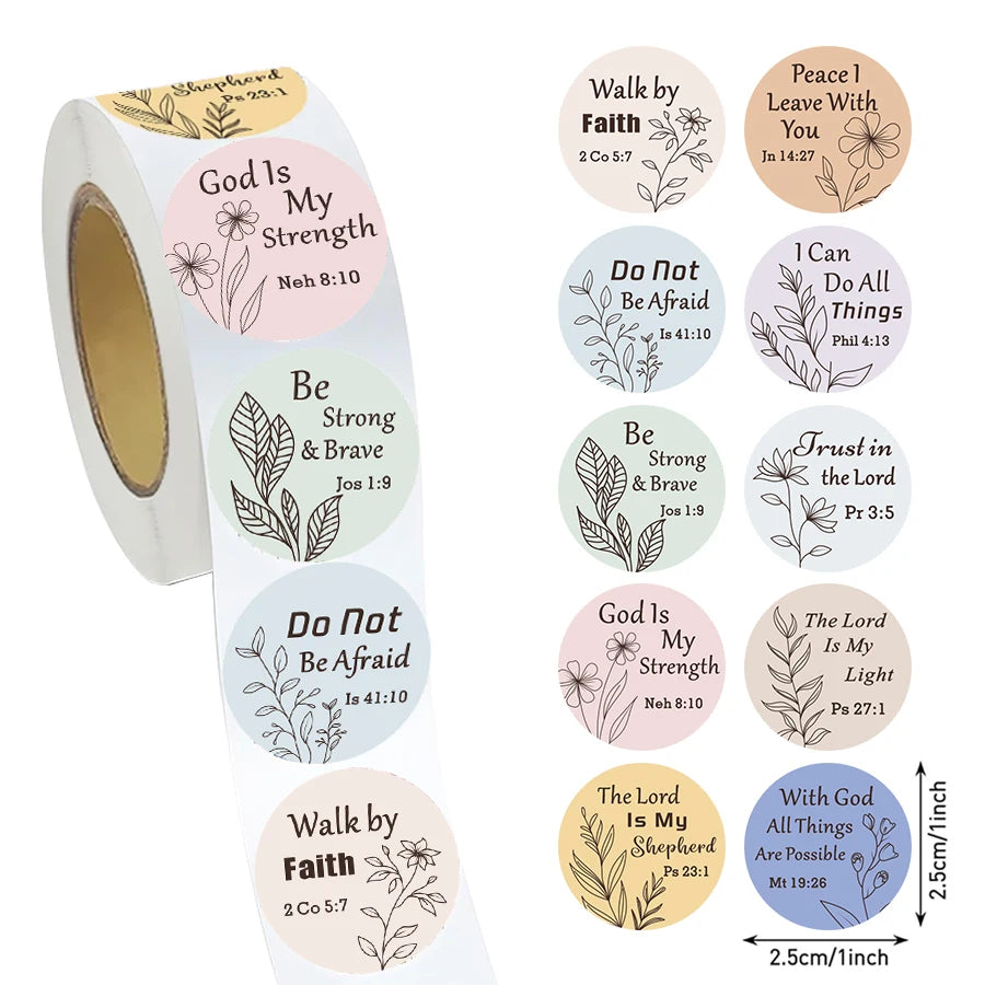 500 Pcs Bible Verse Stickers Roll - Pastel Round Scripture Labels with Inspirational Verses and Botanical Line Art