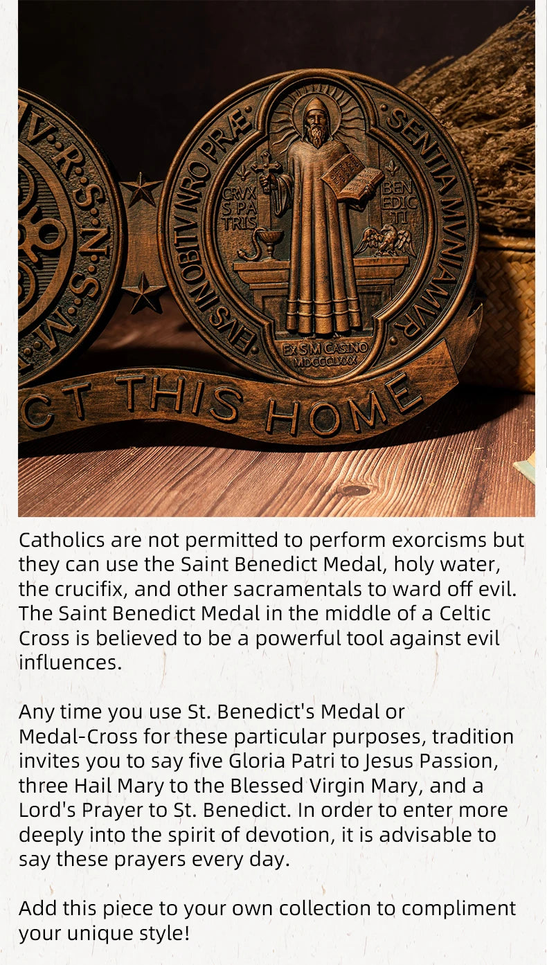 St. Benedict medal ornaments, Catholic religious items, Catholic medals, wooden decorations, exorcisms, family protection