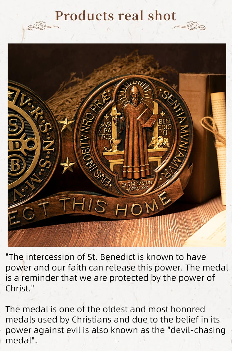 St. Benedict medal ornaments, Catholic religious items, Catholic medals, wooden decorations, exorcisms, family protection