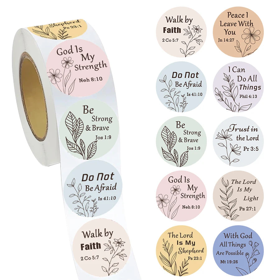 500 Pcs Bible Verse Stickers Roll - Pastel Round Scripture Labels with Inspirational Verses and Botanical Line Art