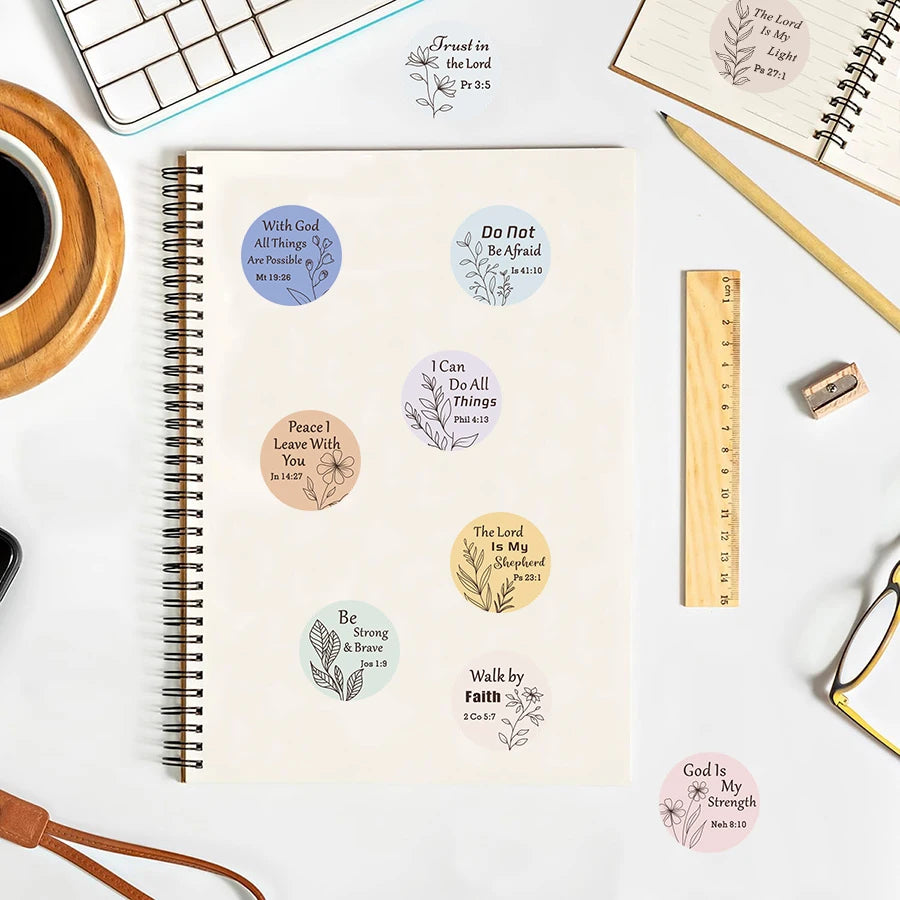 500 Pcs Bible Verse Stickers Roll - Pastel Round Scripture Labels with Inspirational Verses and Botanical Line Art