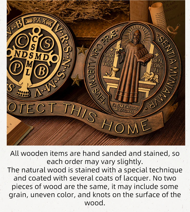 St. Benedict medal ornaments, Catholic religious items, Catholic medals, wooden decorations, exorcisms, family protection