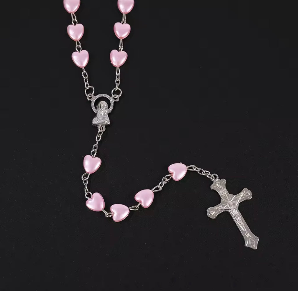 Pink/White Christian Rosary Beads Necklace