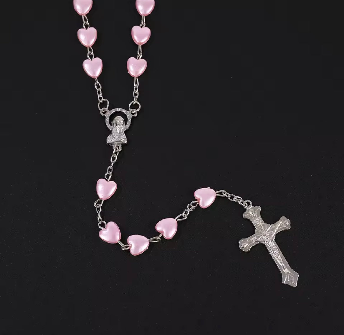 Pink/White Christian Rosary Beads Necklace