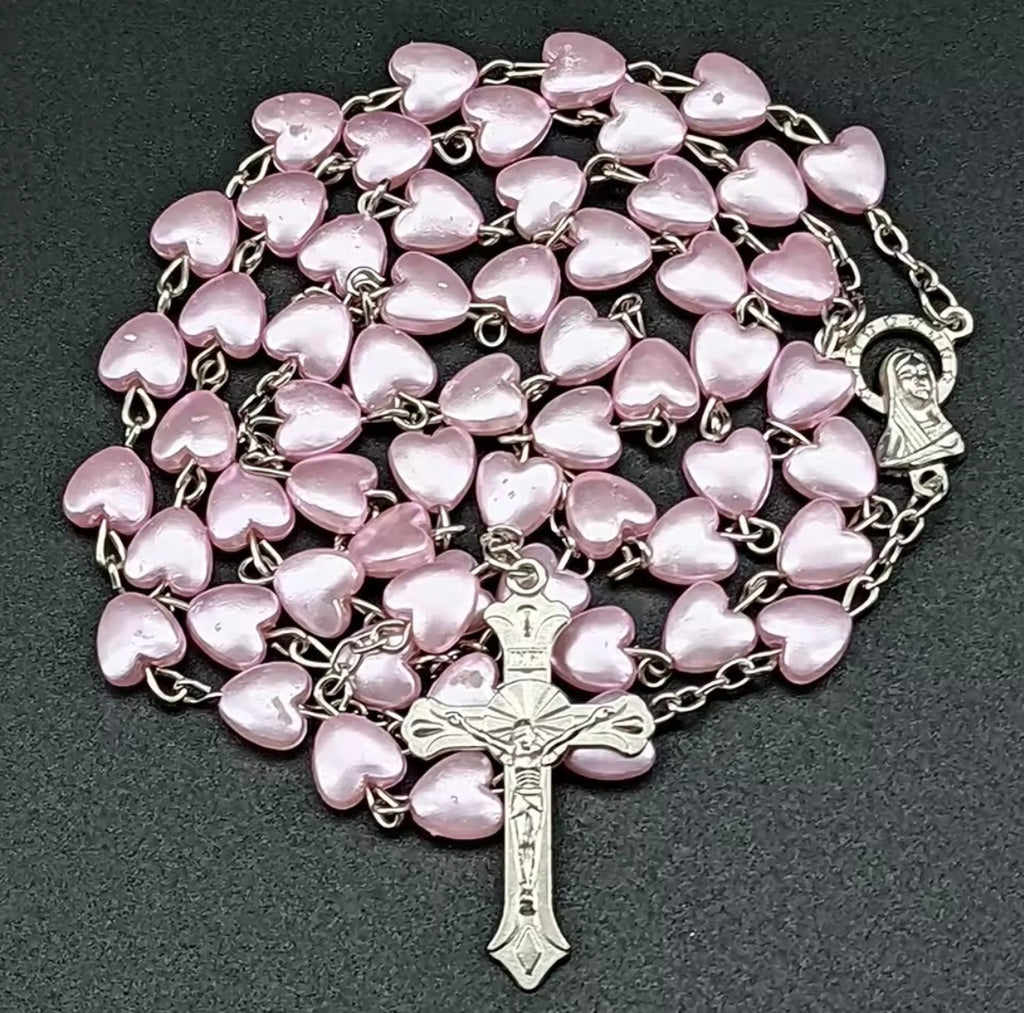 Pink/White Christian Rosary Beads Necklace