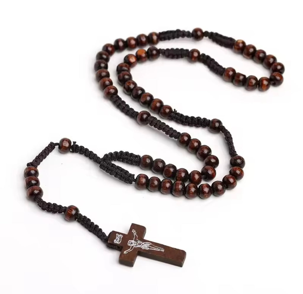 Wood Christian Rosary Beads Necklace with Braided Rope