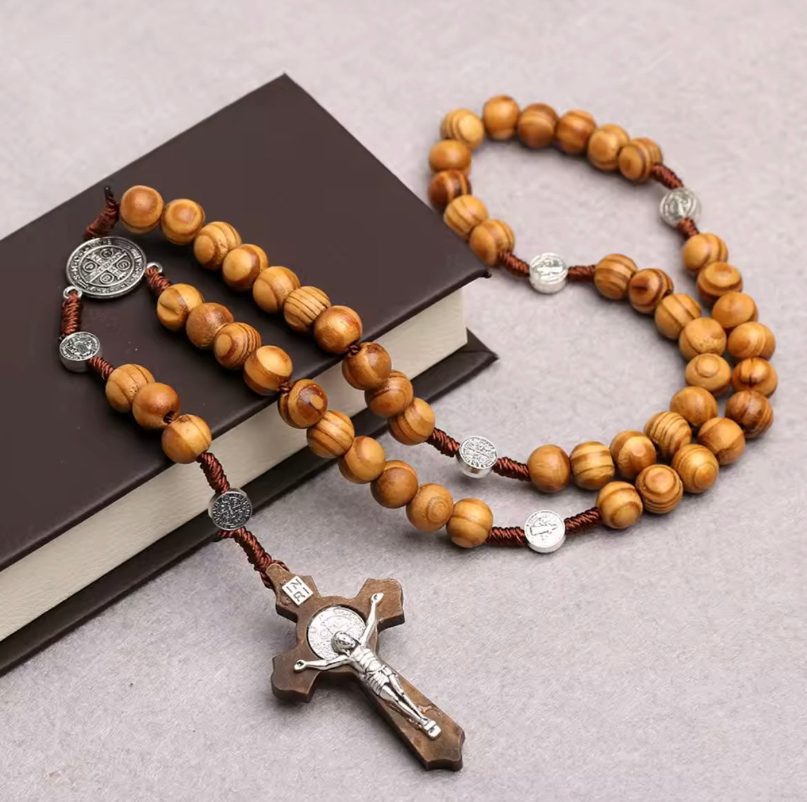 Wood Christian Rosary Beads with metal detail