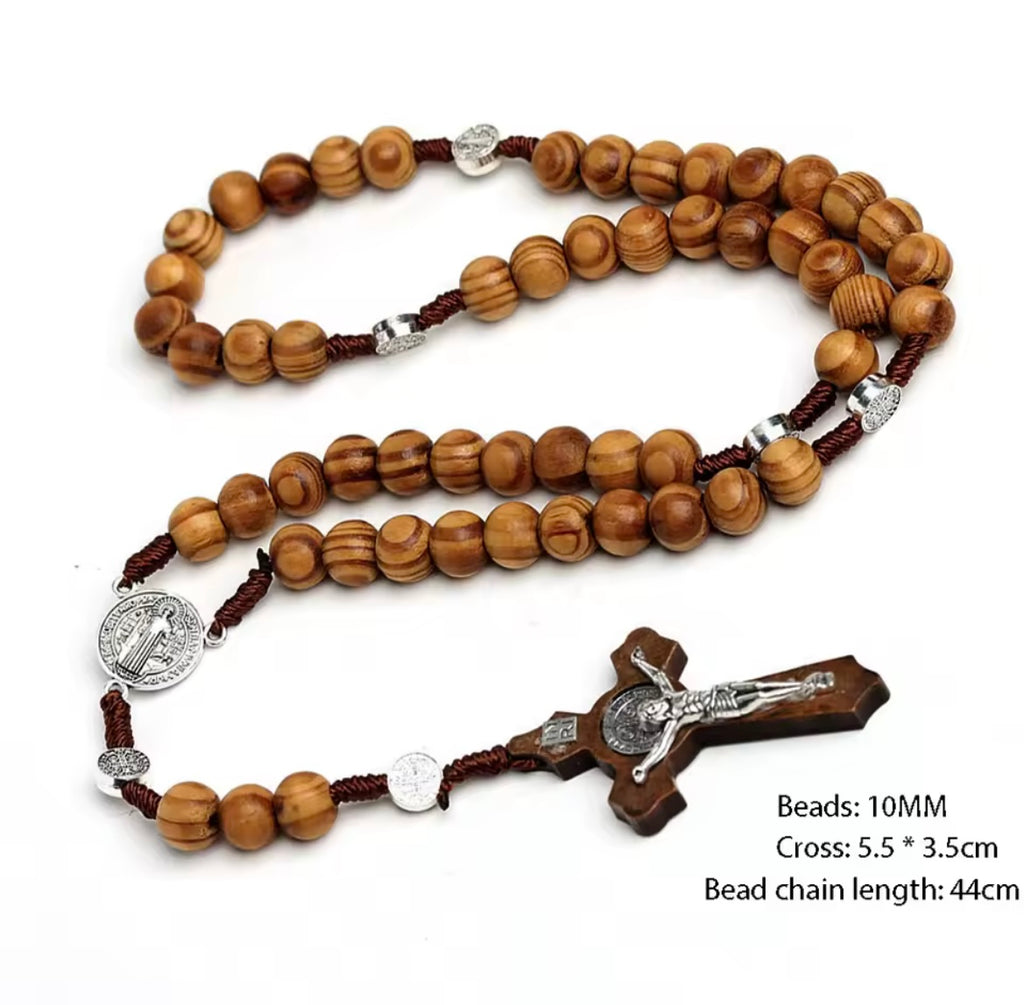 Wood Christian Rosary Beads with metal detail