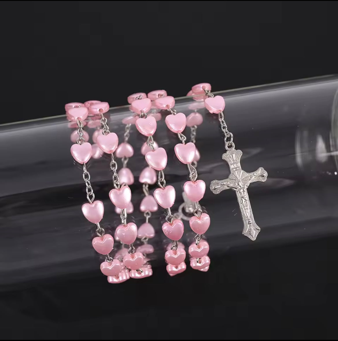 Pink/White Christian Rosary Beads Necklace
