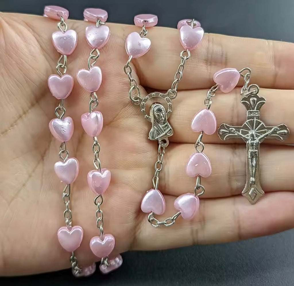 Pink/White Christian Rosary Beads Necklace