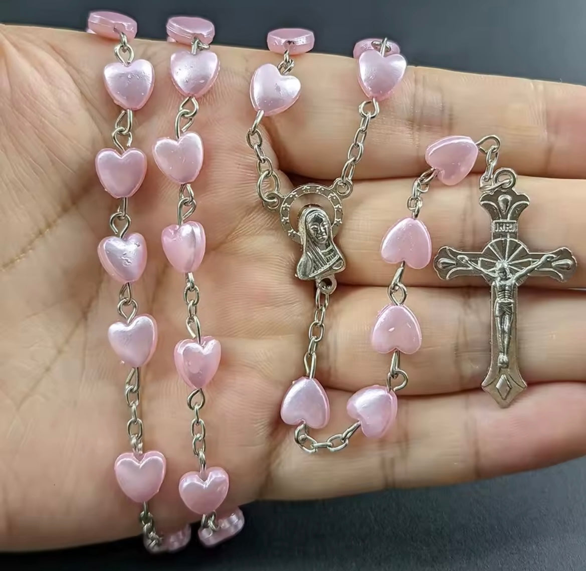 Pink/White Christian Rosary Beads Necklace
