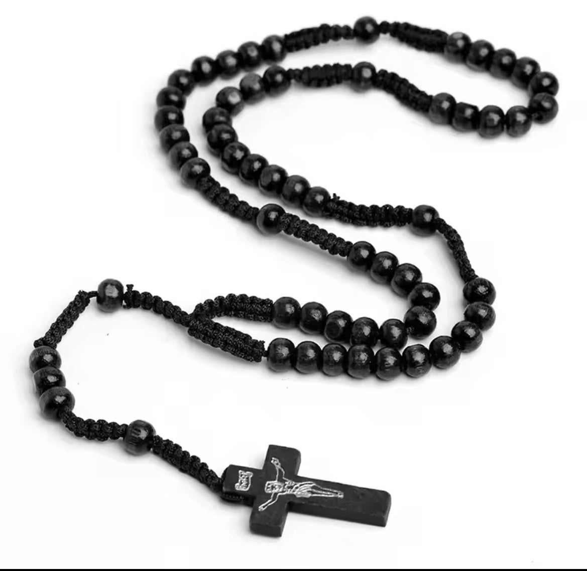 Wood Christian Rosary Beads Necklace with Braided Rope