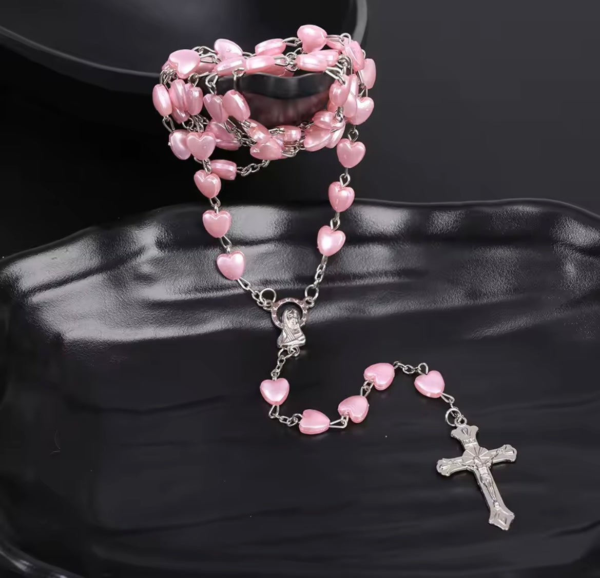 Pink/White Christian Rosary Beads Necklace