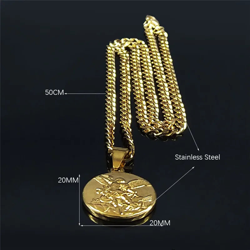 Archangel Saint Michael Stainless Steel Chain Necklace for Women/Men Gold Color Pendant Necklaces Jewelry colier homme NK62S02