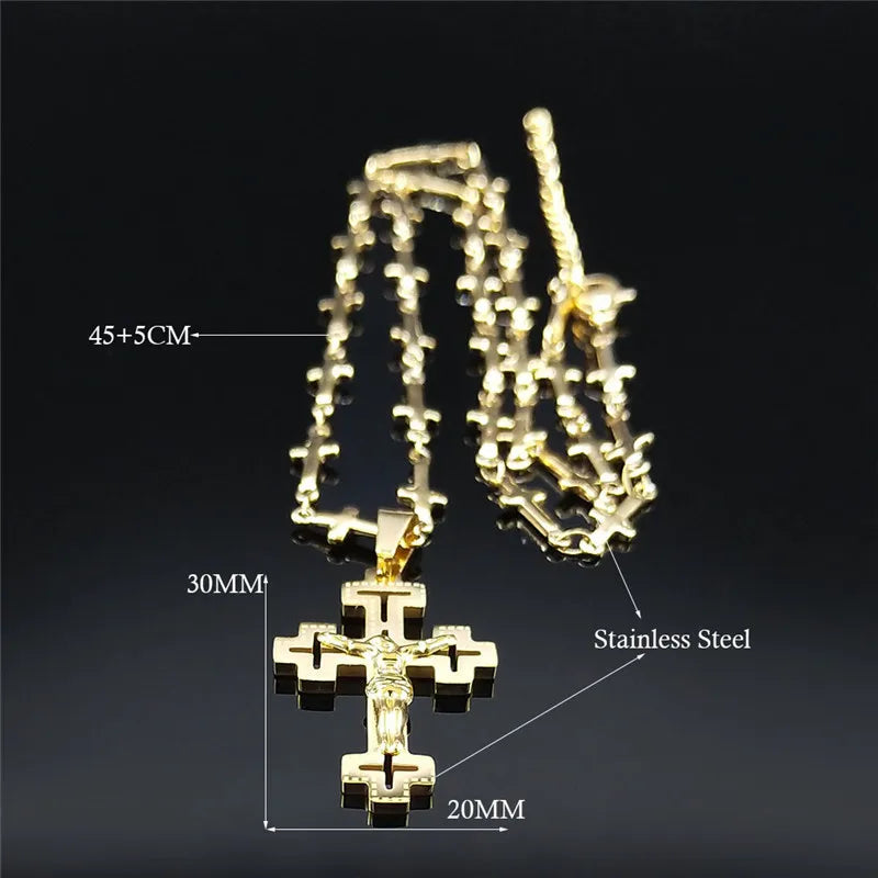 Christian Cross Jesus Stainless Steel Necklace for Women/Men Gold Color Crucifi