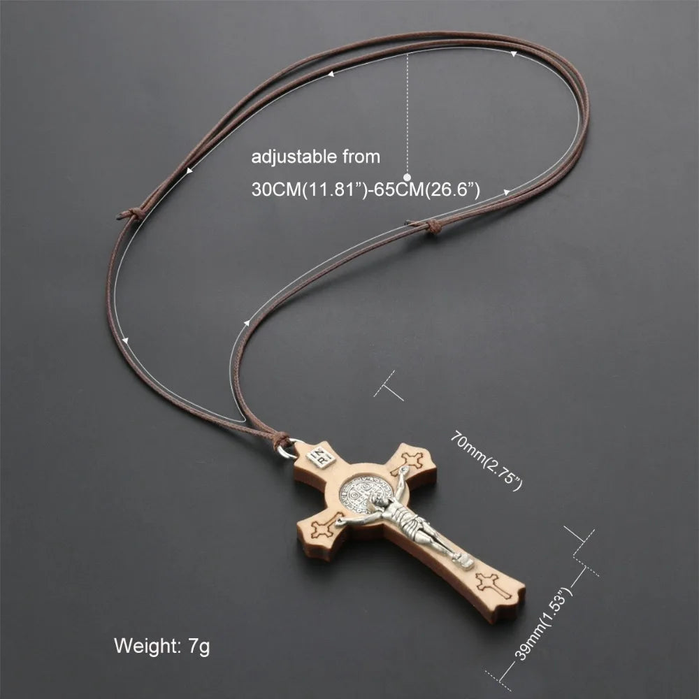 Natural Wood Saint Benedict Crucifix Cross Pendant Necklace Adjustable Leather Rope Chains CSPB INRI Jewelry