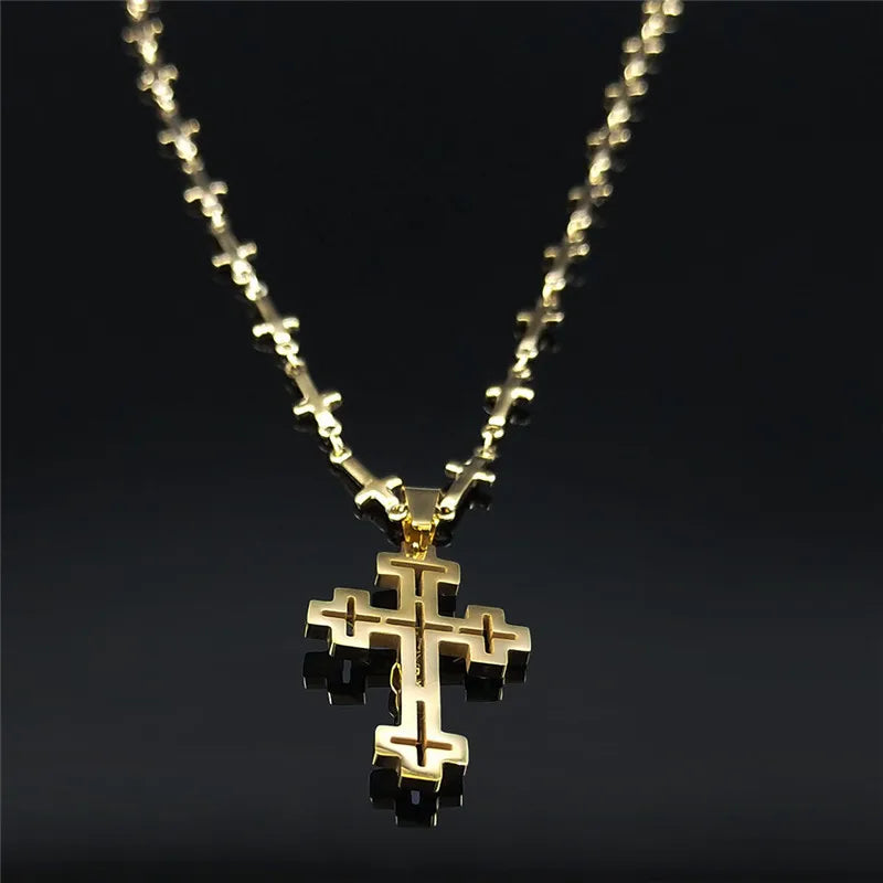 Christian Cross Jesus Stainless Steel Necklace for Women/Men Gold Color Crucifi