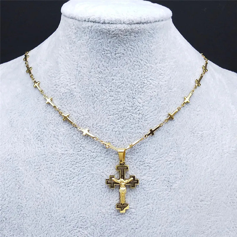 Christian Cross Jesus Stainless Steel Necklace for Women/Men Gold Color Crucifi
