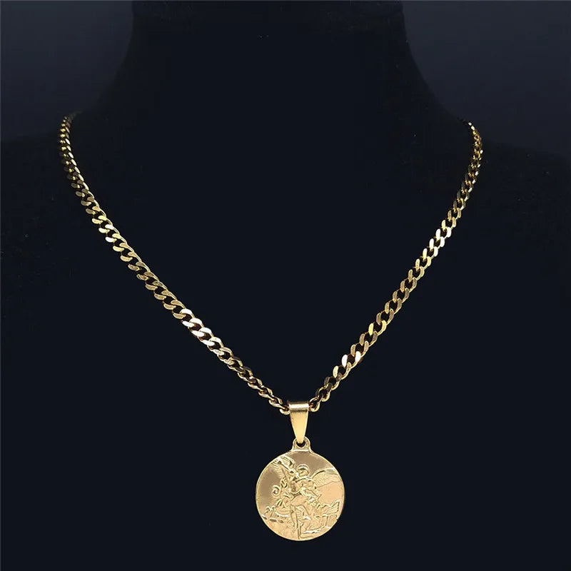Archangel Saint Michael Stainless Steel Chain Necklace for Women/Men Gold Color Pendant Necklaces Jewelry colier homme NK62S02