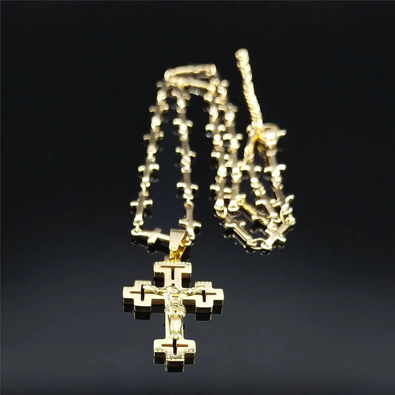 Christian Cross Jesus Stainless Steel Necklace for Women/Men Gold Color Crucifi