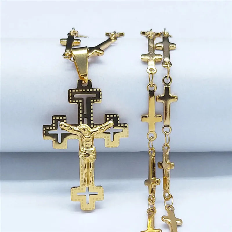 Christian Cross Jesus Stainless Steel Necklace for Women/Men Gold Color Crucifi