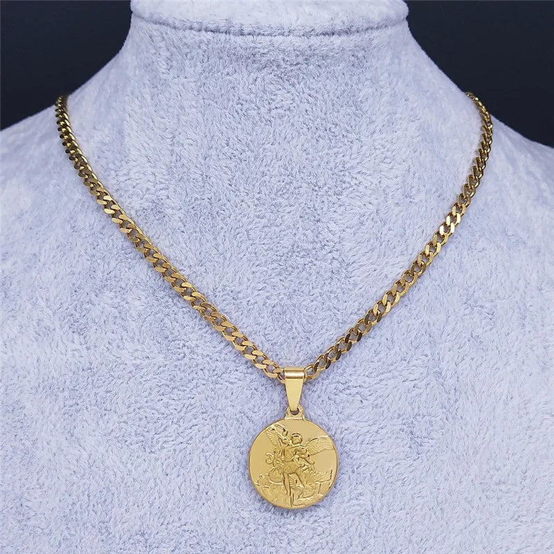 Archangel Saint Michael Stainless Steel Chain Necklace for Women/Men Gold Color Pendant Necklaces Jewelry colier homme NK62S02
