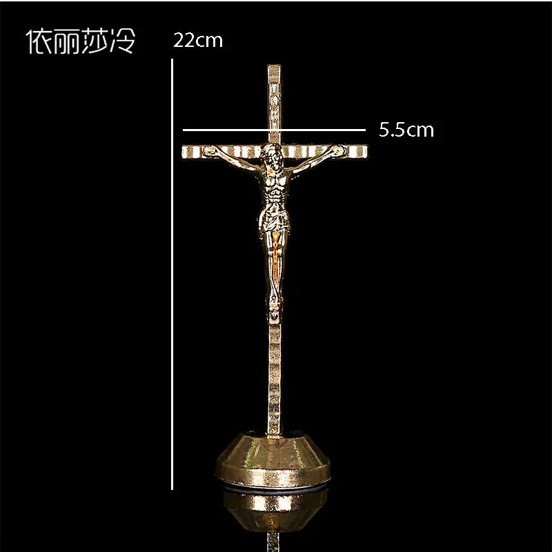 Fashion Golden Jesus Christian Catholic Cross Holy Cross Decoration Jesus Statue of Cross with Base Figurine Image.22x5.5CM