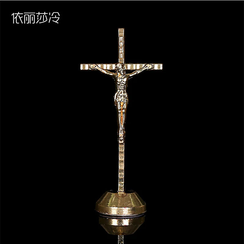 Fashion Golden Jesus Christian Catholic Cross Holy Cross Decoration Jesus Statue of Cross with Base Figurine Image.22x5.5CM