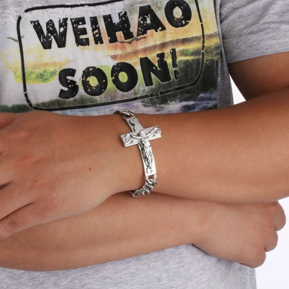 Crucifix Jesus Cross Charm Bracelets Stainless Steel Cuff Bracelets for Men Metal Cuban Hand Chain Religious Male Punk Jewelry