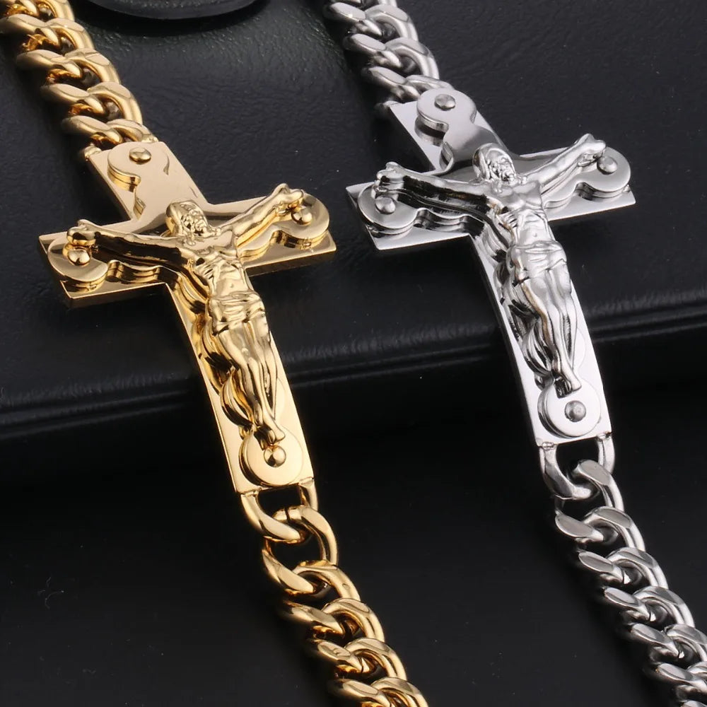Crucifix Jesus Cross Charm Bracelets Stainless Steel Cuff Bracelets for Men Metal Cuban Hand Chain Religious Male Punk Jewelry