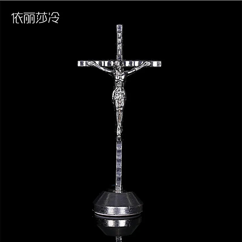 Fashion Golden Jesus Christian Catholic Cross Holy Cross Decoration Jesus Statue of Cross with Base Figurine Image.22x5.5CM