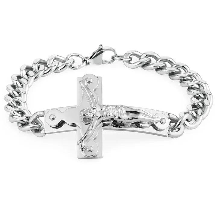 Crucifix Jesus Cross Charm Bracelets Stainless Steel Cuff Bracelets for Men Metal Cuban Hand Chain Religious Male Punk Jewelry