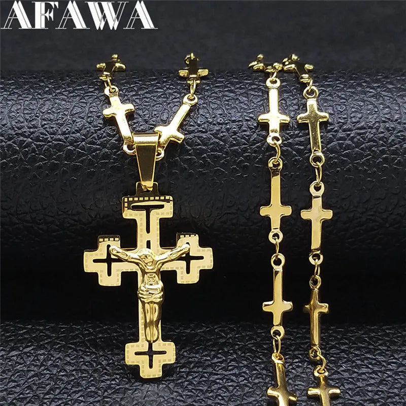 Christian Cross Jesus Stainless Steel Necklace for Women/Men Gold Color Crucifi