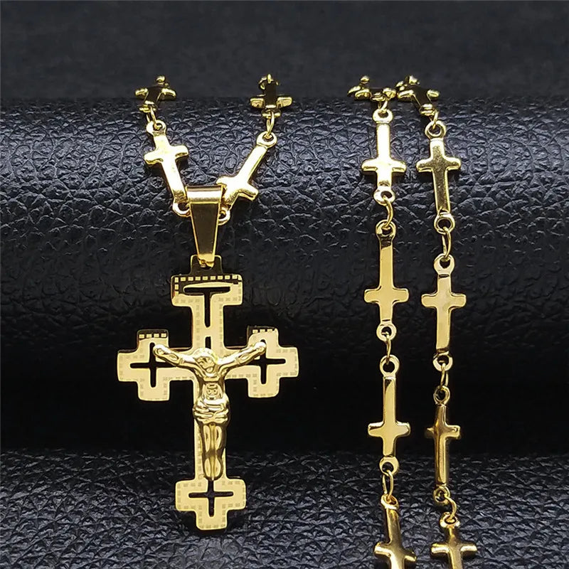 Christian Cross Jesus Stainless Steel Necklace for Women/Men Gold Color Crucifi