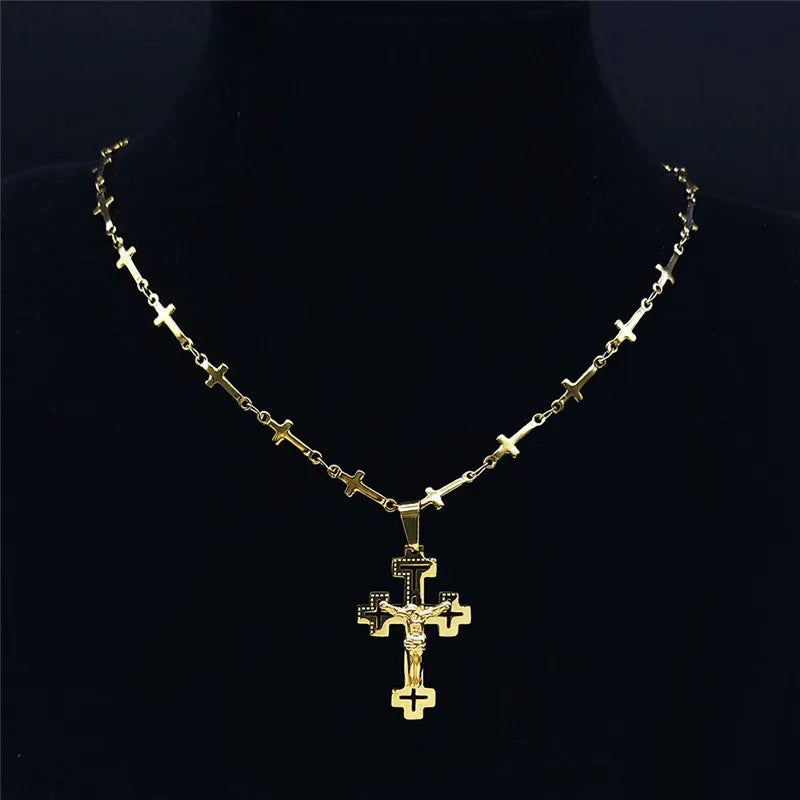 Christian Cross Jesus Stainless Steel Necklace for Women/Men Gold Color Crucifi