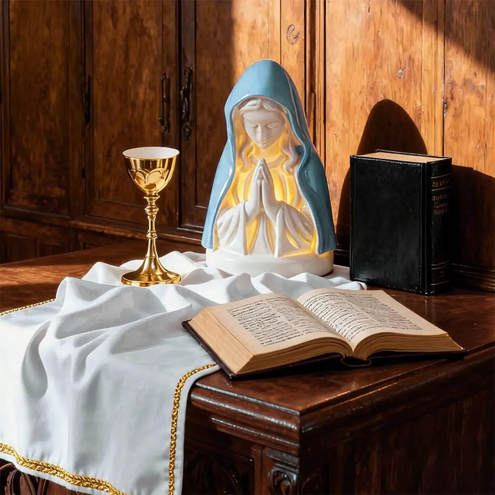 Virgin Mary Prayer Statue with Light, Christian Prayer Lamp for Home Christian Decor, Hand Painted Blessed Virgin Mary Statue