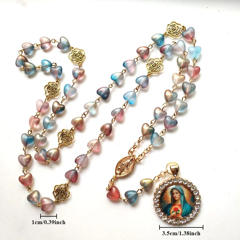 Catholic Rosary Mary Blessing Rosary Prayer Necklace with Amulet Virgin Mary for Cross Pendant Rosary Wall Mounted Necklace