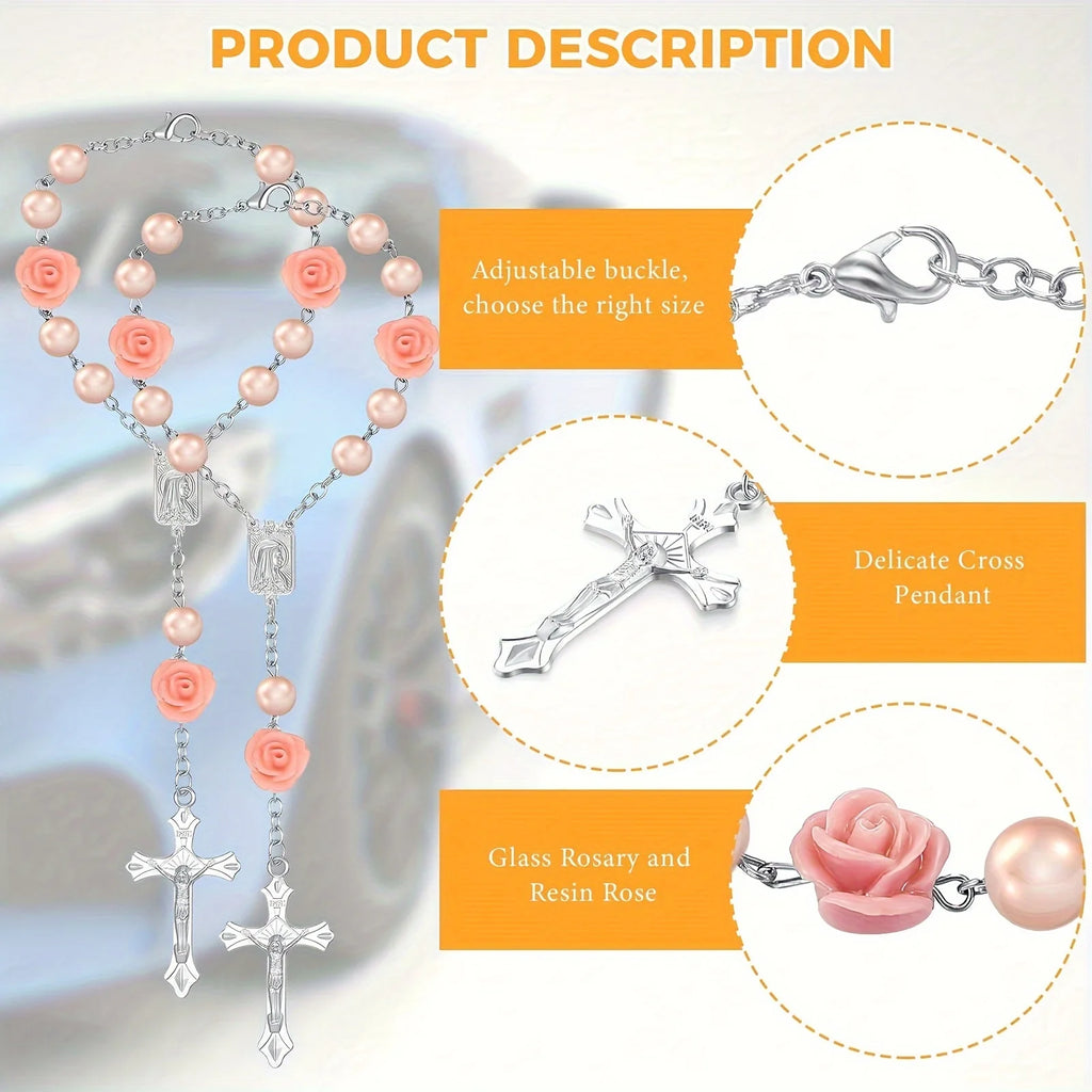 1pc ABS Car Rosary with Mirror, Rearview Mirror Beads, Rose Medal, Catholic Prayer Beads, Interior Decor, Cross Hanging Accessor
