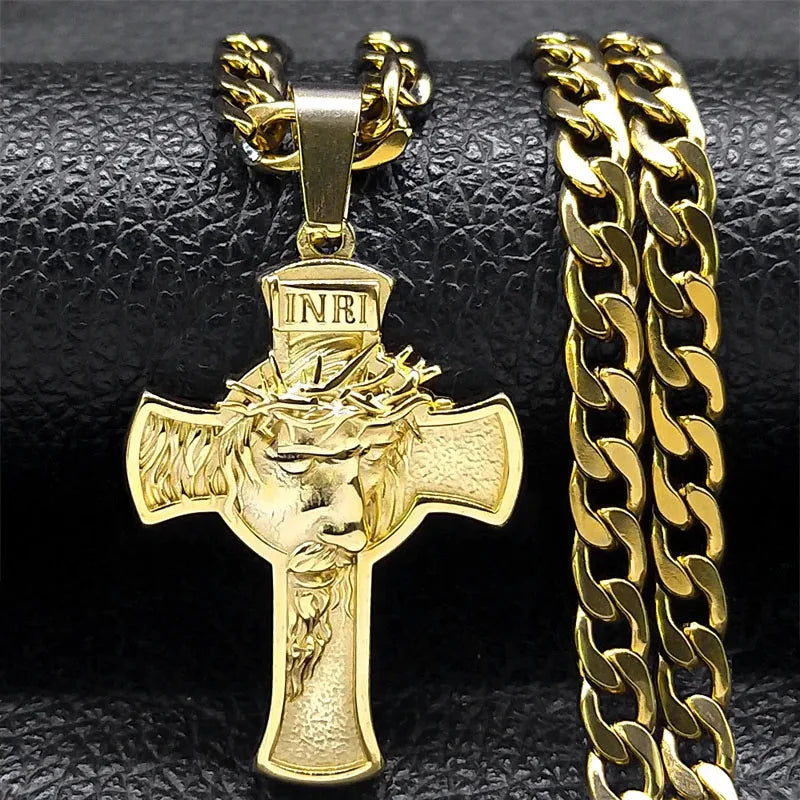 Jesus Crown of thorns Men's Necklace Stainless Steel Gold Color Chain Crucifix Medal Male Neckalces Religious Jewelry NZZ460S05