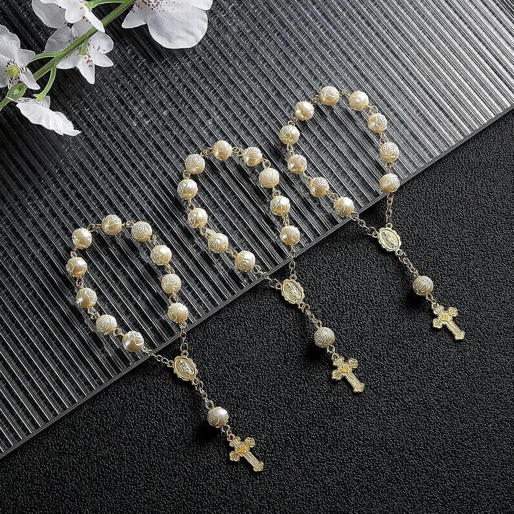 10-60 Pieces Mini Rosaries Baptism Rosary Beads Acrylic Ivory Color Finger Baptism Rosaries Faux Pearls with Organza Bags