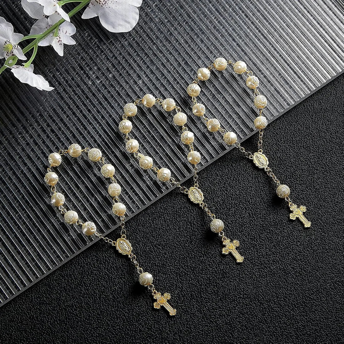 10-60 Pieces Mini Rosaries Baptism Rosary Beads Acrylic Ivory Color Finger Baptism Rosaries Faux Pearls with Organza Bags