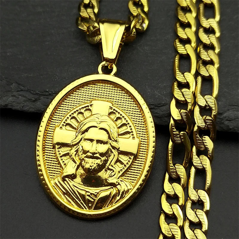 Jesus Crown of thorns Men's Necklace Stainless Steel Gold Color Chain Crucifix Medal Male Neckalces Religious Jewelry NZZ460S05