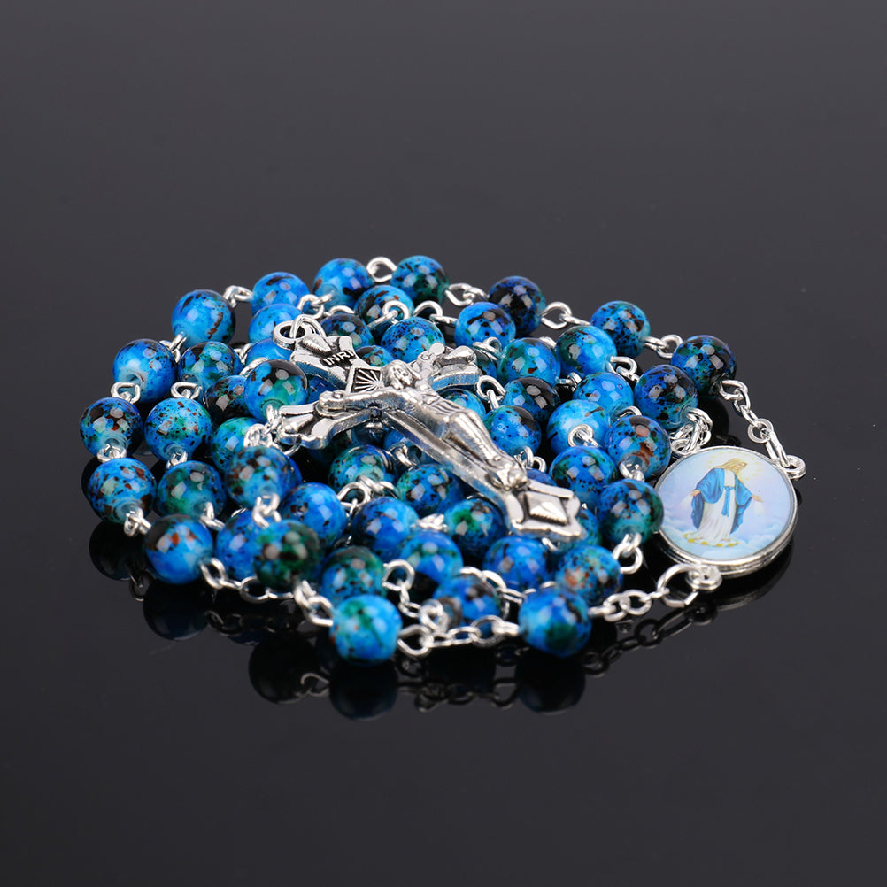 Catholic Rosary Small Size Round Blue Glass Beads Virgin Mary Jesus Necklace