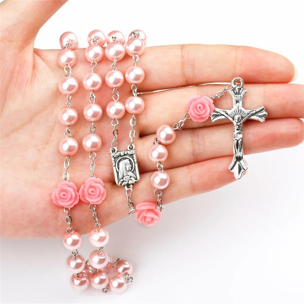 6MM Pink Rosary Necklace For Women Rose Glass Beads Chain Crucifix Cross INRI Pendant Men Religious Prayer Long Jewelry