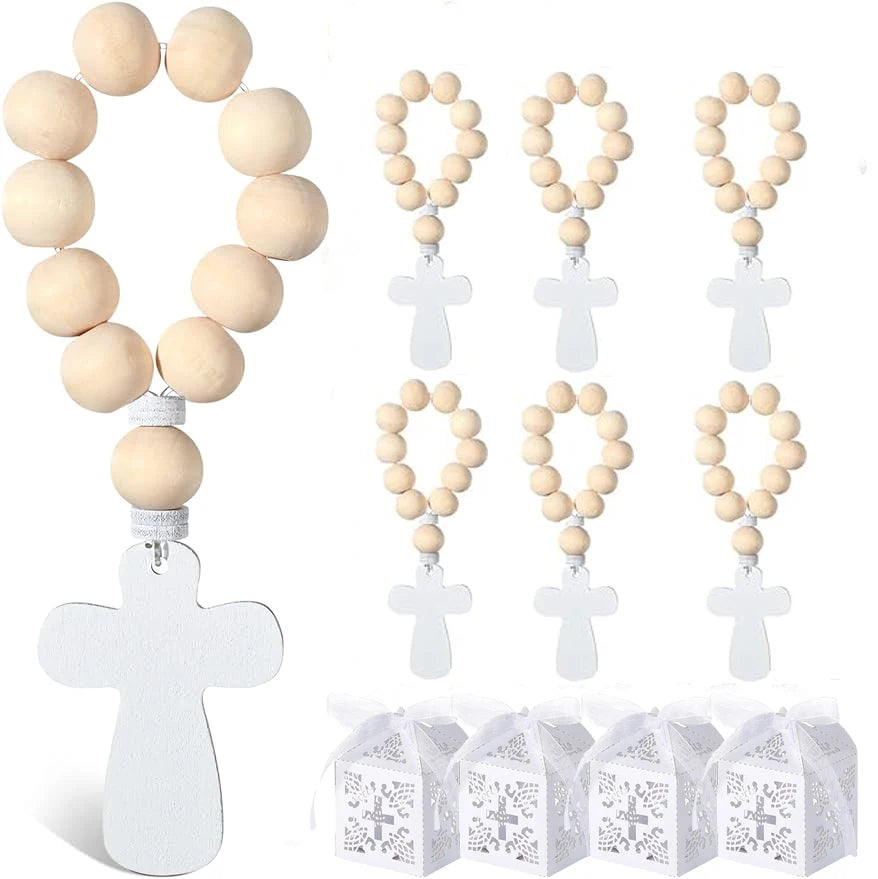 6/12/18PCSWooden Rosary Cross Pendant with White Gift Box for Boys Girls First Holy Communion Baptism Wedding Thank You Gift