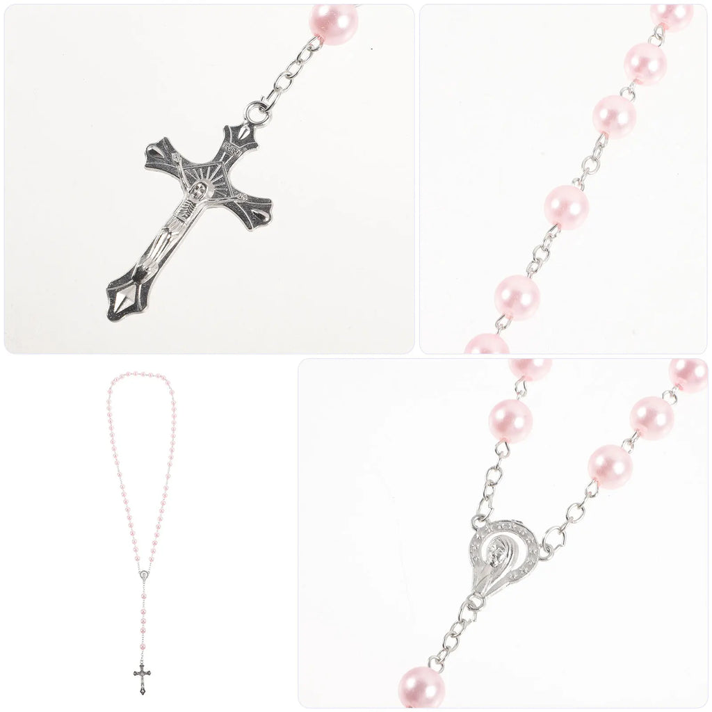 Love Rosary Catholic (Pink) 1pc Bead Necklaces Women Beaded Big Religious Cross Pendant