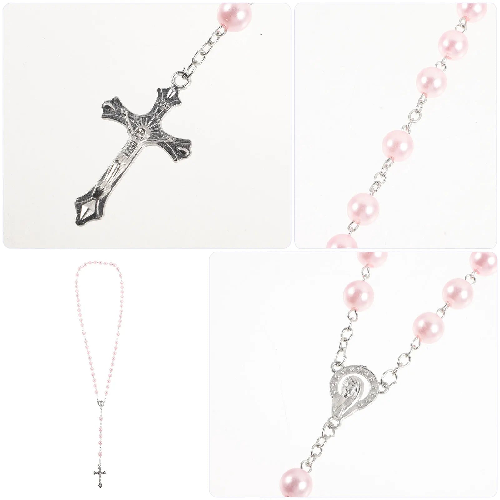 Love Rosary Catholic (Pink) 1pc Bead Necklaces Women Beaded Big Religious Cross Pendant